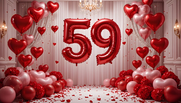 Festive red fifty nine number balloons float above heart shaped floral arrangements and petals.