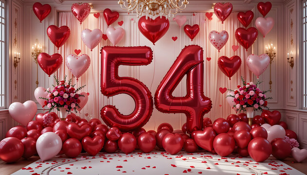 Fifty four red foil number balloons with hearts for romantic anniversary celebration decor.