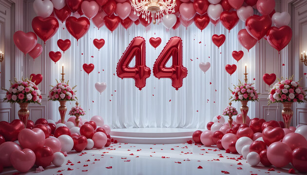 Large red balloon forty four numbers with heart balloons and floral decor for anniversary party.