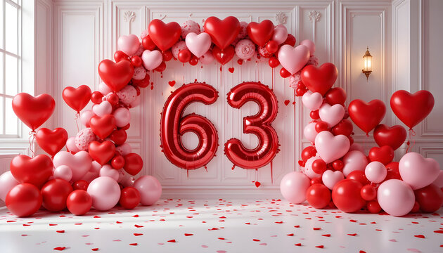 Sixty three red heart balloons celebrate anniversary with festive decorations and rose petals.