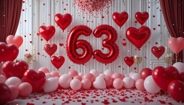 Sixty three red heart balloons celebrate anniversary with festive decorations and rose petals.