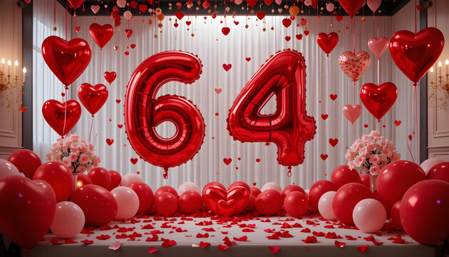 Sixty four red heart balloons celebrate anniversary with festive decorations and rose petals.