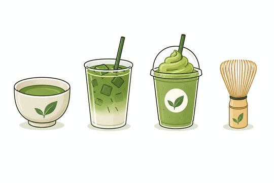 Matcha green tea set illustration with traditional hot matcha bowl, iced tea, green tea frappe, and bamboo whisk chasen, japanese tea ceremony icons collection.
