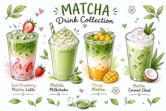 Hand-drawn matcha drink collection set featuring iced strawberry matcha latte, milkshake, mango matcha, and coconut cloud. Trendy green tea beverage illustrations for cafe menu and wellness design.
