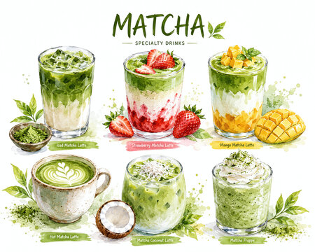 Watercolor collection of matcha specialty drinks featuring strawberry, mango, and coconut lattes, iced matcha, and frappe. Hand-drawn green tea beverage set for cafe menus and branding.