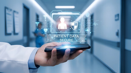 Obraz premium Doctor holding digital healthcare futuristic interface for patient data secure access in hospital corridor