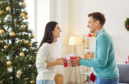 Happy married couple celebrating Christmas at home and giving each other presents. Side view of smiling man and woman standing in decorated living room. Love, holiday, exchanging Xmas gifts concepts