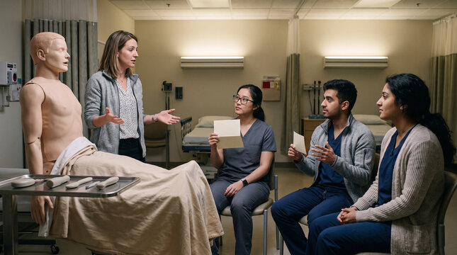 Clinical tutor leads an AI diagnostic simulation debrief