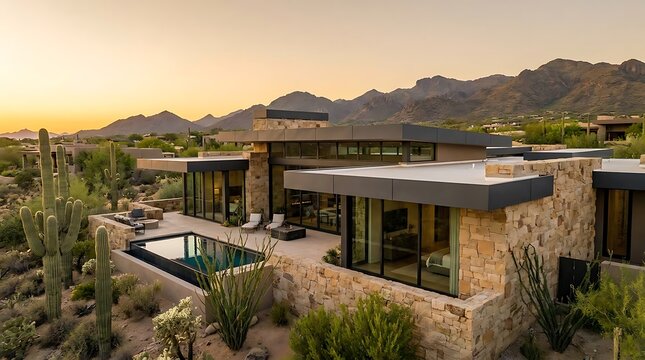 Modern luxury house with pool in the desert with mountains at sunset. arizona modern home