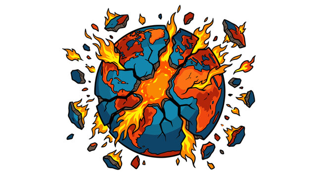 Cartoon illustration of a planet earth exploding in flames