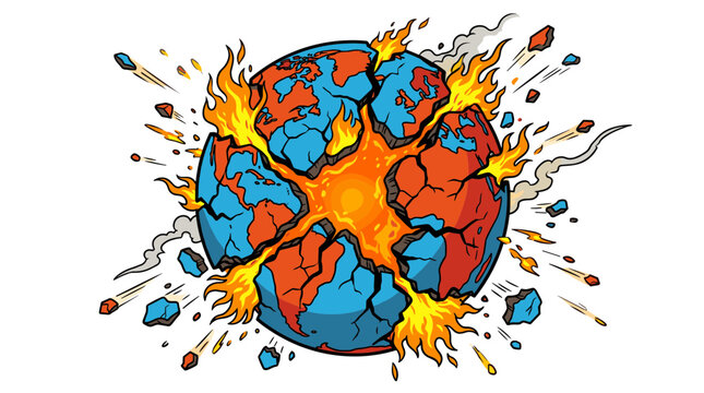 Illustration of a burning planet earth exploding into fragments