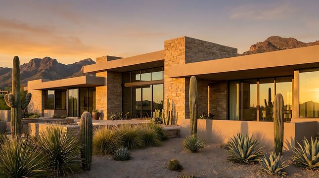 Modern luxury desert house with cacti at sunset in arizona. arizona modern home