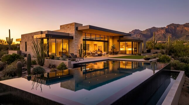 Modern luxury desert home with a swimming pool at sunset. arizona modern home