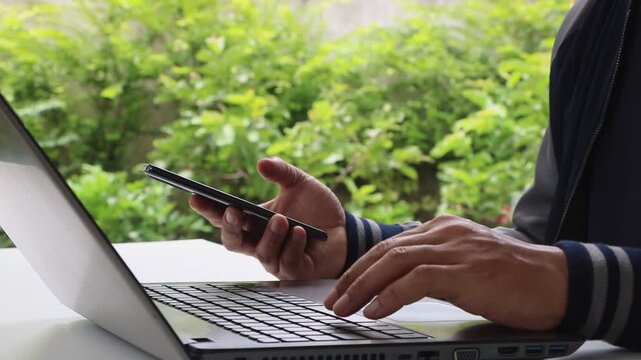Secure 2FA authentication concept with verification, password protection, cybersecurity technology. Safe digital login access for online accounts, privacy, data security. Man using laptop, smartphone.