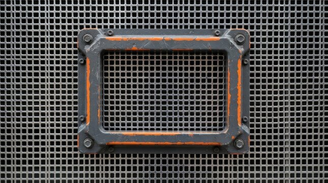 Industrial metal grate background with a heavy duty bolted rectangular frame.