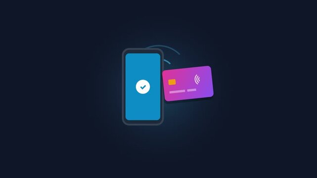 Contactless payment animation, credit card tapping mobile phone screen for digital transaction