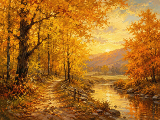 Fototapeta premium Golden Autumn Forest Landscape with River and Mountain Sunset