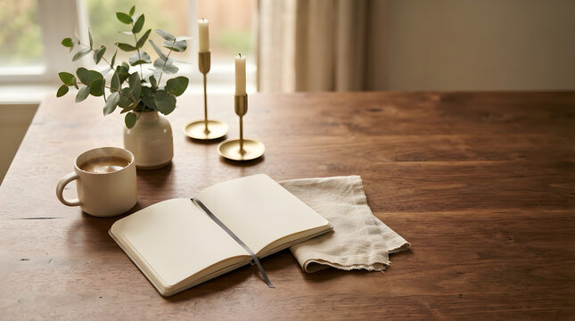 Open notebook with a cup of coffee and decorative candles on a rustic wooden table notebook lifestyle relaxing serenity peaceful stationery beverage decoration interior