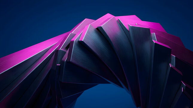 Twisting structural helix of brushed metallic rectangles with pink and blue lighting for high tech visuals.