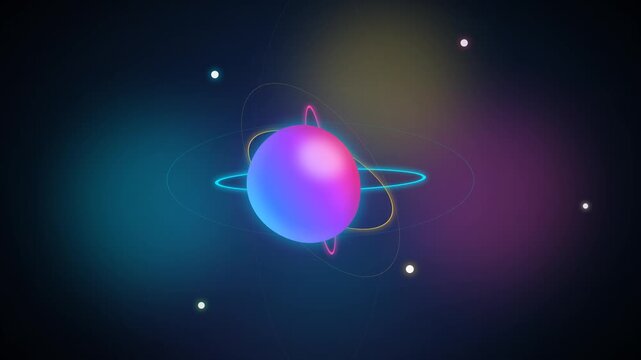 A futuristic abstract composition featuring glowing neon rings orbiting a central ellipsoid against a dark, cosmic background, representing advanced technology.