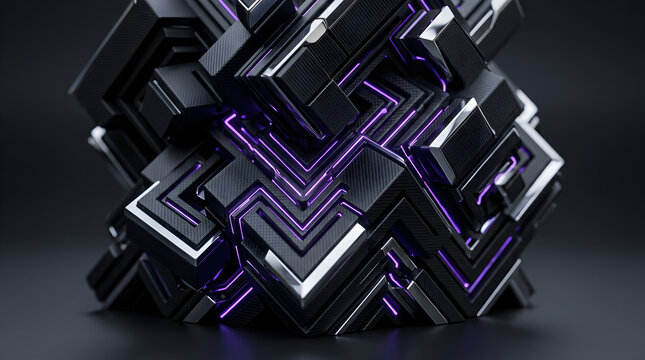 Futuristic black cube structure with glowing purple neon lights for technology and sci fi.
