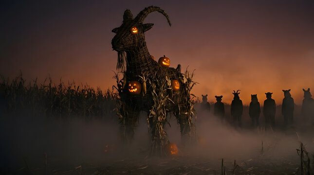 Giant wicker goat effigy with pumpkins in misty field.