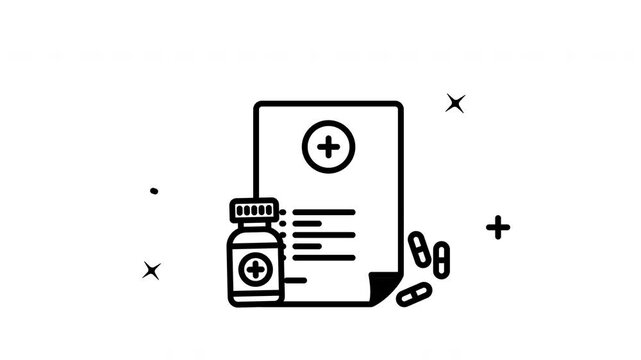 A simple prescription paper icon animation with black lines and transparent background a showing tablets for medical bottle. Suitable for healthcare brochures, pharmacy websites, apps and medical publ