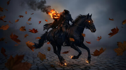 Fototapeta premium Headless horseman riding through falling autumn leaves at night.
