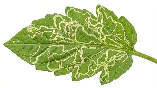 Green leaf showing intricate pale trails caused by leaf-mining insects, isolated on white for plant pathology and ecology concepts.