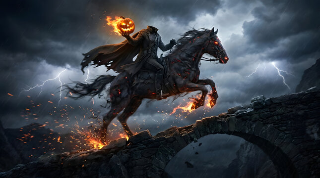 Headless horseman riding through stormy night landscape.