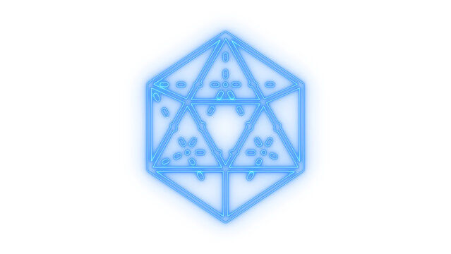 Colorful neon d20 twenty sided dice icon for tabletop gaming and role playing games isolated on transparent background ideal for dnd geek culture and board game graphic design