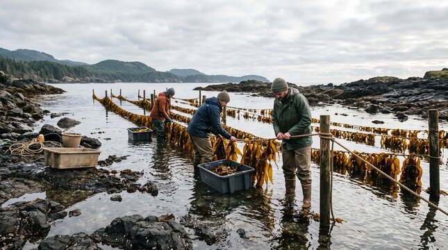 Coastal farmers tend a regenerative kelp farm at low tide