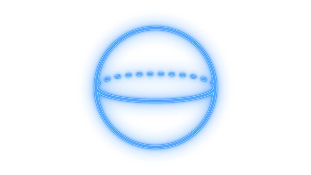 Colorful neon icon of a geometric 3D sphere with equatorial line and dotted orbit axis representing global science or mathematics isolated on transparent background