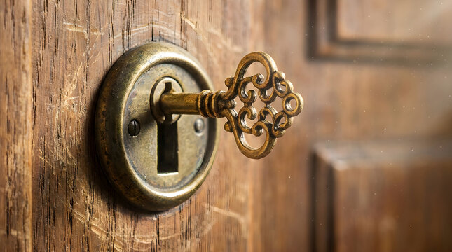ornate antique key inserted in keyhole on rustic wooden door