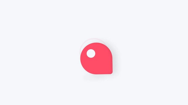 A minimalist, stylized red teardrop or location pin icon with a white central dot is prominently displayed on a clean white background.
