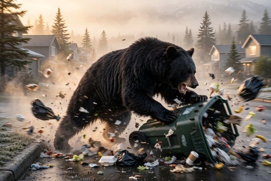 Large American black bear aggressively scavenging through a green residential garbage bin on a misty suburban street scattering trash everywhere