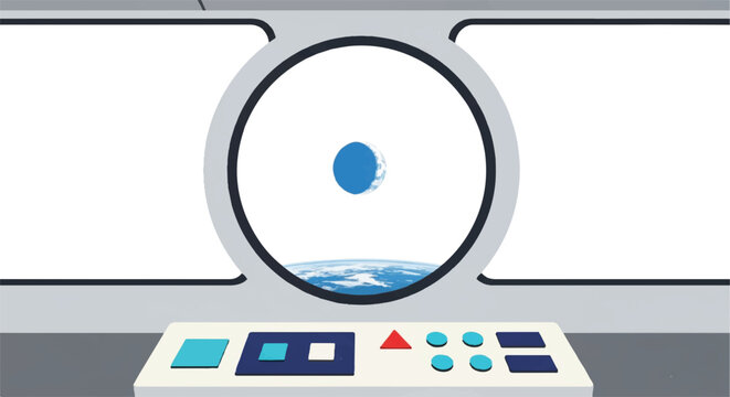 The interior view of a futuristic orbital elevator cabin looking through a large circular porthole. Through the window, a thin blue crescent of Earth is visible against a stark white void.