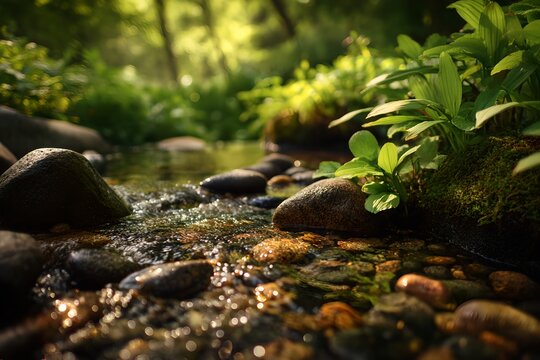 A clear stream flowing over rocks in a vibrant forest, with lush green foliage bathed in sunlight