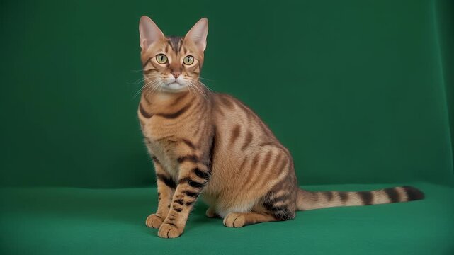 A triptych of a Bengal cat with striking markings and green eyes sitting against a green backdrop, captured in three distinct poses.