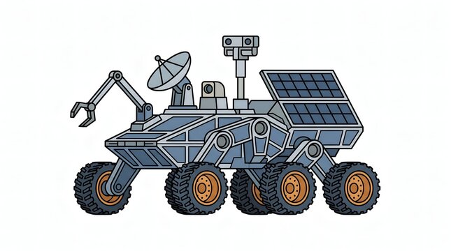 Detailed vector illustration of a robotic space rover exploring alien planets
