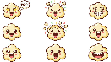 Obraz premium Cute popcorn kernel characters with happy expressions and popping concept for stickers