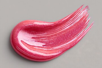 Fototapeta premium A vibrant pink lip gloss swatch with subtle glitter shimmer, creating a smooth, flowing texture against a neutral background