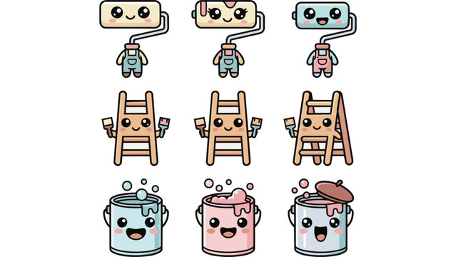 Cute Kawaii Style Painting Tools Collection Featuring Friendly Smiling Characters Set