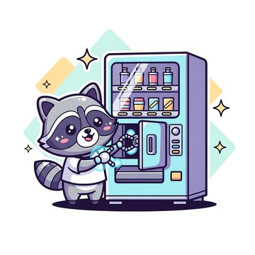 Cute Raccoon Repairing Vending Machine.