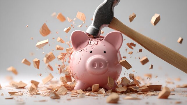 A piggy bank is smashed by a hammer in a moment of destruction, scattering ceramic pieces everywhere