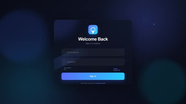 A sleek digital login screen features "Welcome Back" messaging, email and password input fields, and a "Sign In" button on a dark blue background.