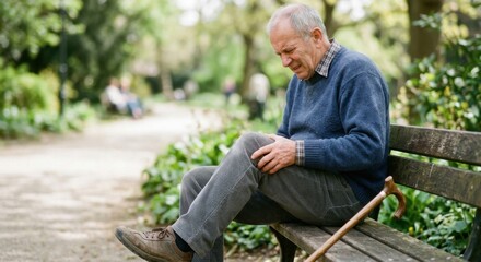 Fototapeta premium Elderly Man Experiencing Knee Pain While Sitting On Park Bench With Cane