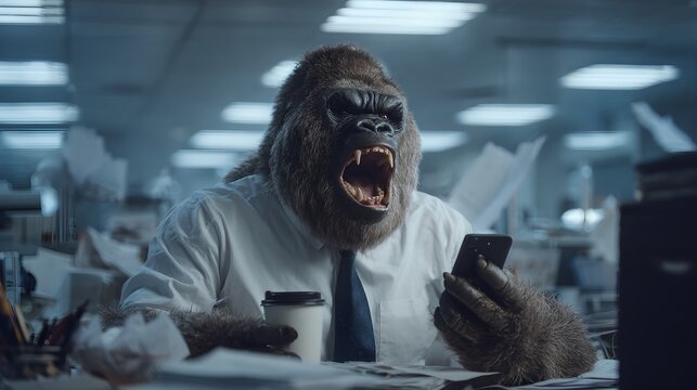 A furious gorilla dressed as an office worker, with a tie and shirt, sitting at a messy desk with a cup of coffee and a phone, papers flying everywhere