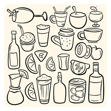 Cold and Hot Beverages Drink Assortment Hand Drawn Set