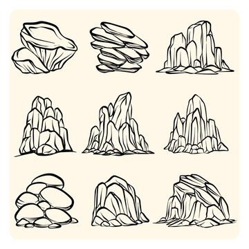 Rock Formations and Mountain Stones Line Art Set